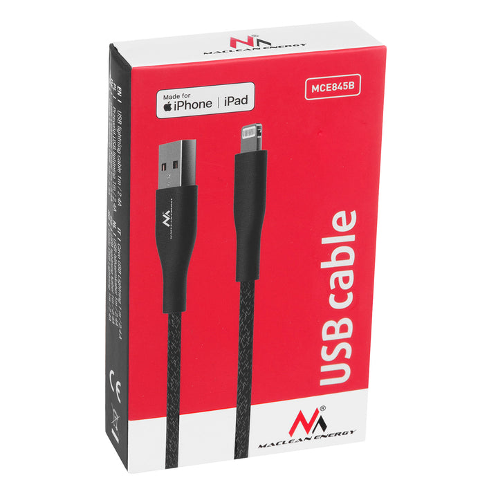 Kabel MFi (Made for iPhone / iPod / iPad) wspierający Fast Charge 2.4A Maclean Energy MCE845B czarny dł. 1m 5V/2.4A - przesył danych