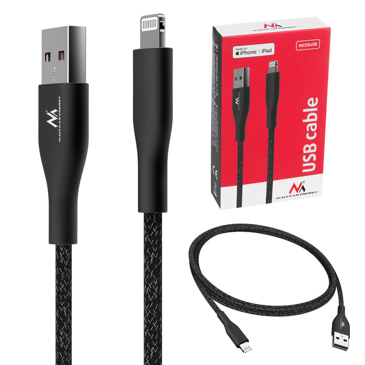 Kabel MFi (Made for iPhone / iPod / iPad) wspierający Fast Charge 2.4A Maclean Energy MCE845B czarny dł. 1m 5V/2.4A - przesył danych