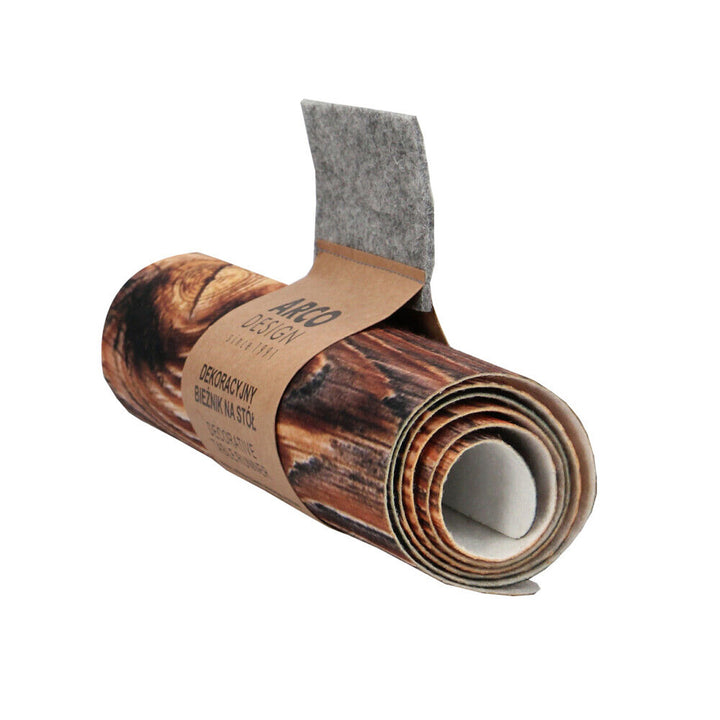 Bieżnik Bertoni, stołowy, ekologiczny filc, wymiary 95x33cm, wzór nadruku Drewno