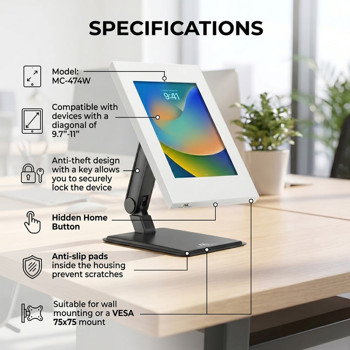 Uchwyt reklamowy do tabletu Maclean, ścienny z blokadą, 9.7"-11", iPad/iPad Air/iPad Pro, Samsung Galaxy Tab A/Tab A7/Tab S6 Lite, MC-474W