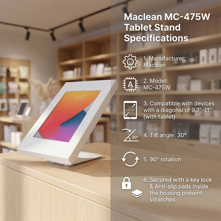 Uchwyt reklamowy do tabletu Maclean, ścienny/biurkowy z blokadą, 9.7"-11", iPad/iPad Air/iPad Pro, Samsung Galaxy Tab A/Tab A7/Tab S6 Lite, MC-475W