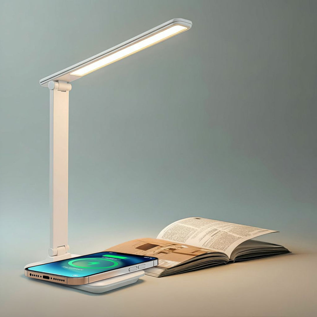 Lampka biurkowa LED Maclean, max. 9W, 220-240V AC, możliwość zmiany barwy, ściemnialna, ładowarka bezprz., 450lm, MCE616 W