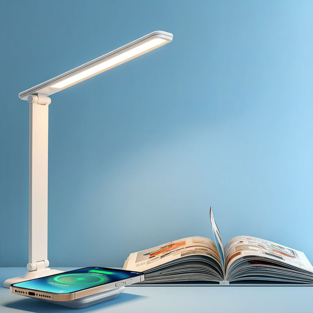 Lampka biurkowa LED Maclean, max. 9W, 220-240V AC, możliwość zmiany barwy, ściemnialna, ładowarka bezprz., 450lm, MCE616 W