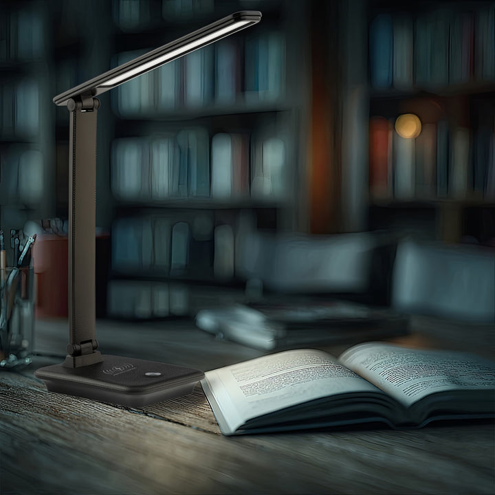 Lampka biurkowa LED Maclean, max. 9W, 220-240V AC, możliwość zmiany barwy, ściemnialna, ładowarka bezp., 450lm, MCE616 B