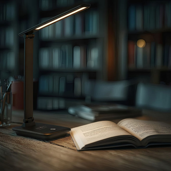 Lampka biurkowa LED Maclean, max. 9W, 220-240V AC, możliwość zmiany barwy, ściemnialna, ładowarka bezp., 450lm, MCE616 B