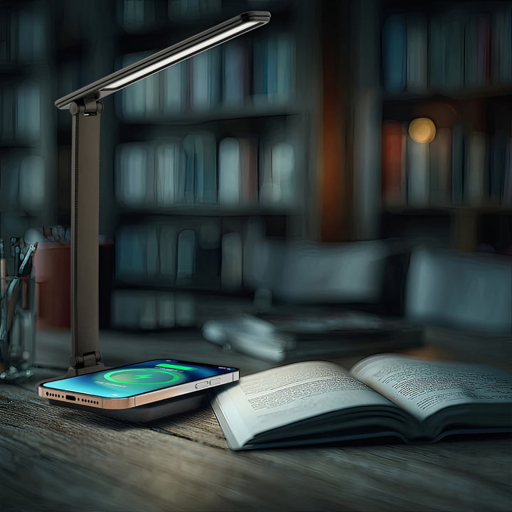 Lampka biurkowa LED Maclean, max. 9W, 220-240V AC, możliwość zmiany barwy, ściemnialna, ładowarka bezp., 450lm, MCE616 B