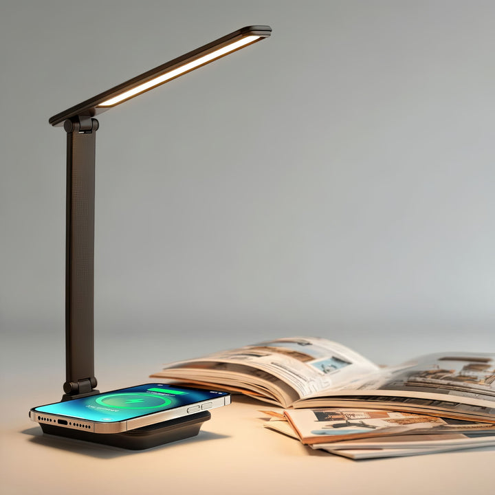 Lampka biurkowa LED Maclean, max. 9W, 220-240V AC, możliwość zmiany barwy, ściemnialna, ładowarka bezp., 450lm, MCE616 B