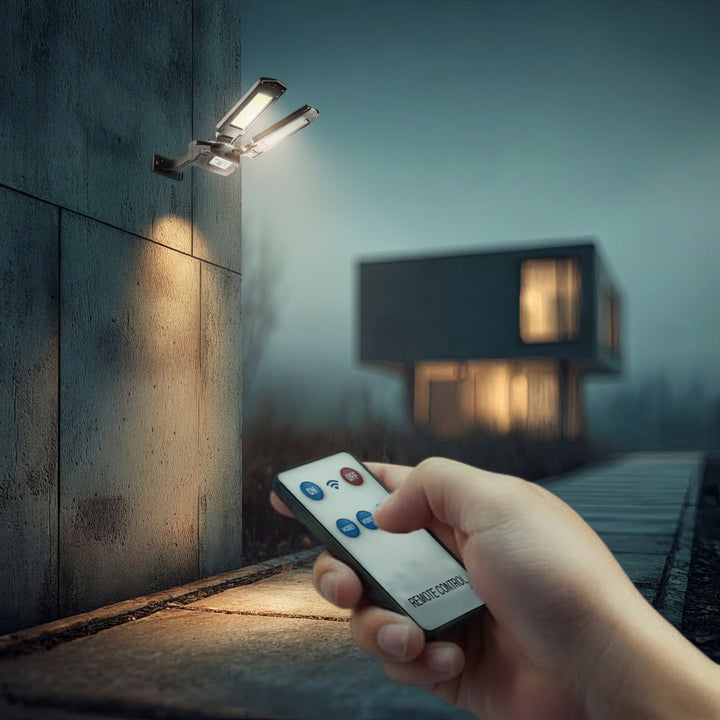 Solarna lampa uliczna LED z czujnikiem ruchu i pilotem Maclean IP54, 5W, 2x450lm, 6500K, Li-ion 2400 mAh, 3 tryby pracy MCE447