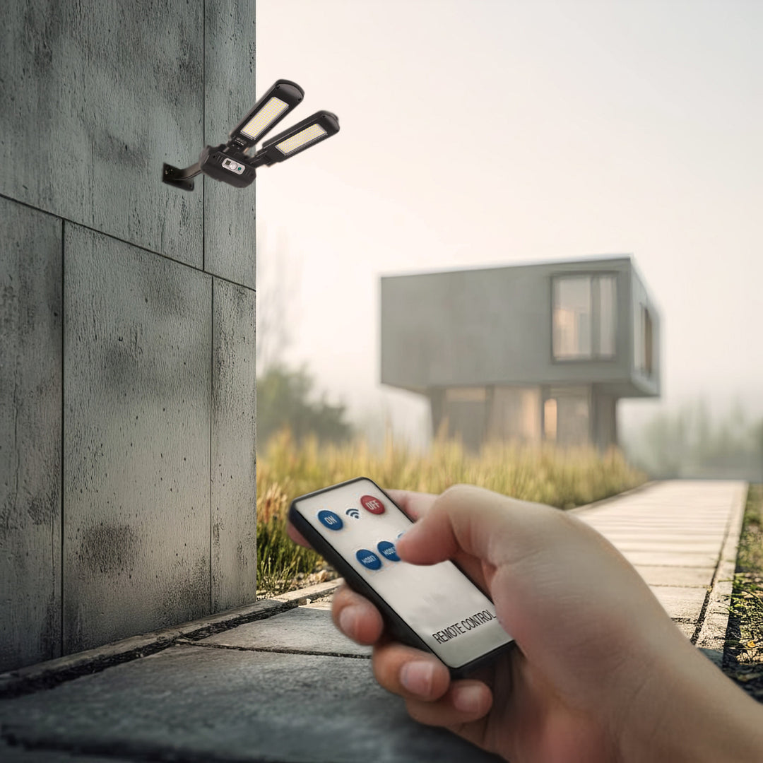 Solarna lampa uliczna LED z czujnikiem ruchu i pilotem Maclean IP54, 5W, 2x450lm, 6500K, Li-ion 2400 mAh, 3 tryby pracy MCE447