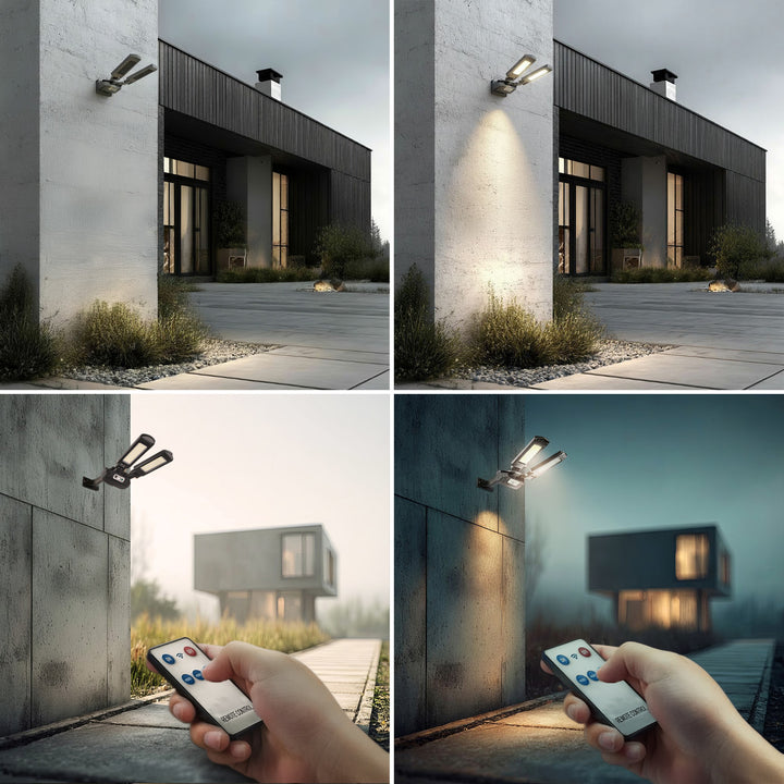 Solarna lampa uliczna LED z czujnikiem ruchu i pilotem Maclean IP54, 5W, 2x450lm, 6500K, Li-ion 2400 mAh, 3 tryby pracy MCE447