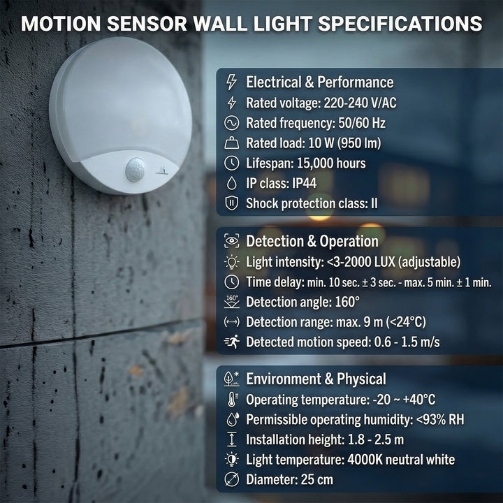 Lampa LED z czujnikiem ruchu Maclean, na podczerwień, kolor biały, 10W, IP44, barwa naturalna biała (4000K), 900lm, MCE357 W