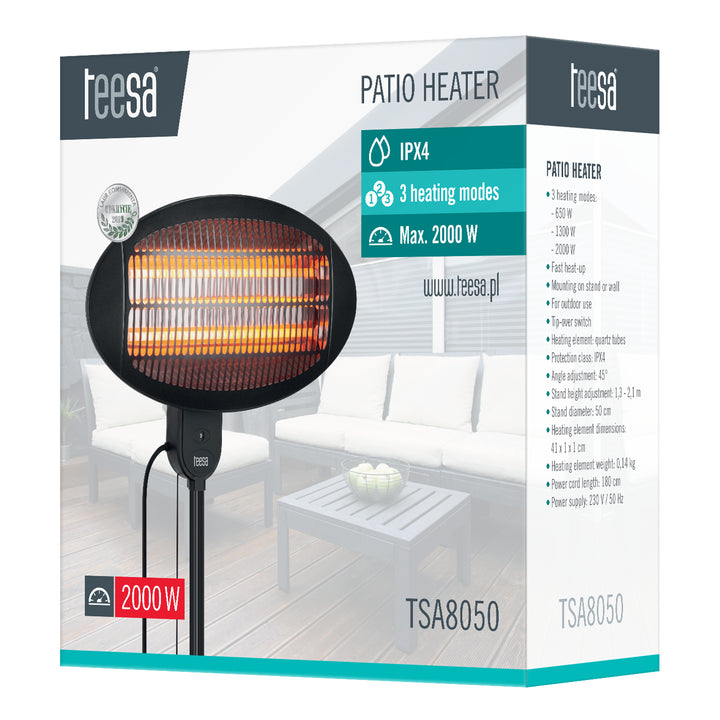 Promiennik tarasowy elektryczny Teesa, odporny na deszcz, trzy tryby grzania, regulacja wysokości i kąta nachylenia, TSA8050