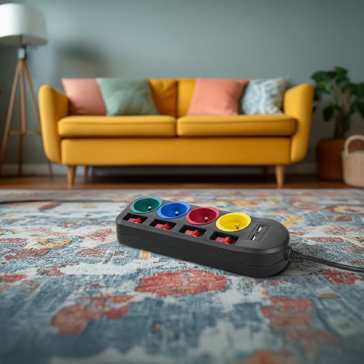 Listwa zasilająca Maclean, przedłużacz 4 gniazda + 2xUSB, z włącznikami, 250VAC/10A, 2.1A 5V, 1.5m, czarna, MCE229 B