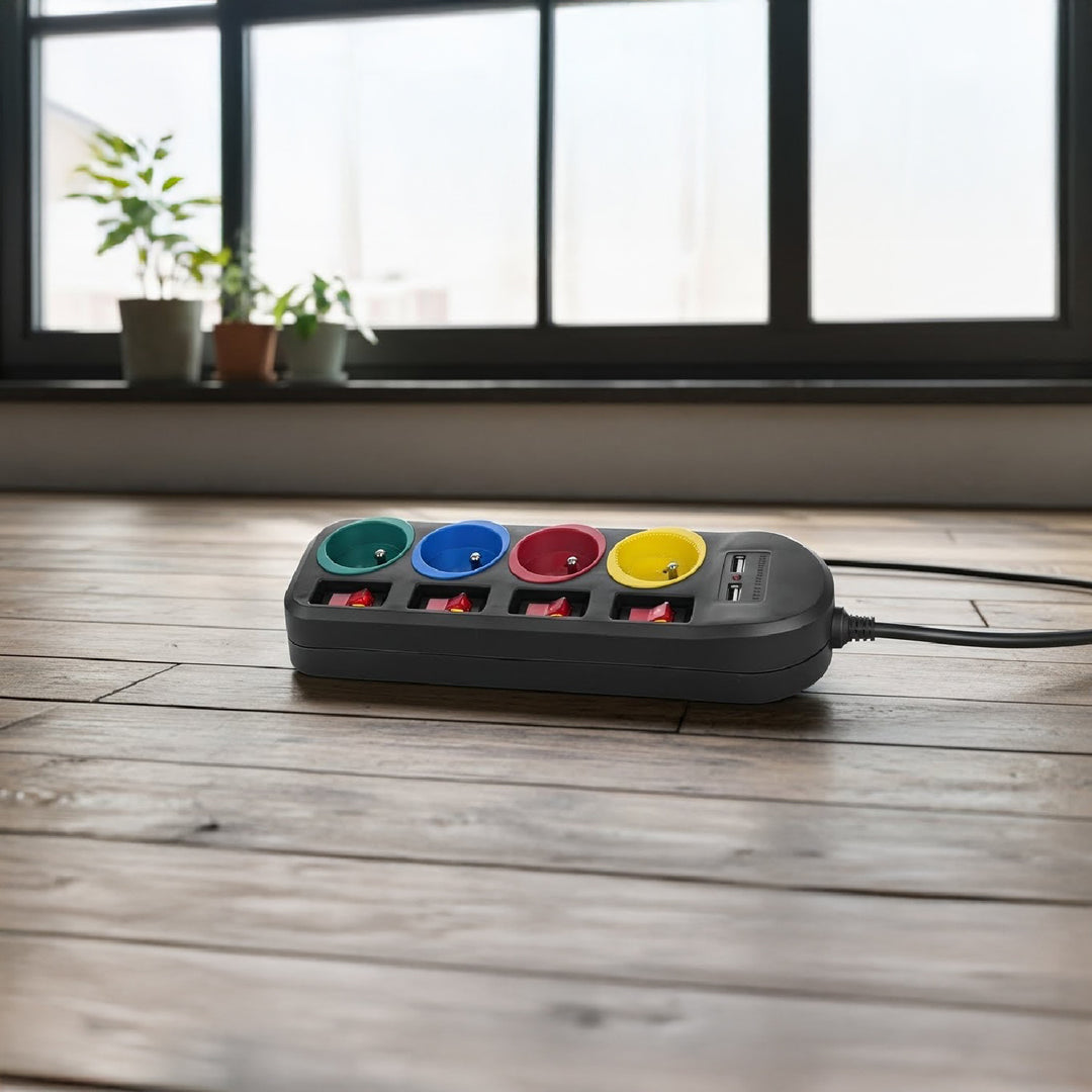 Listwa zasilająca Maclean, przedłużacz 4 gniazda + 2xUSB, z włącznikami, 250VAC/10A, 2.1A 5V, 1.5m, czarna, MCE229 B