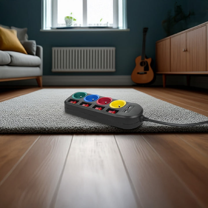 Listwa zasilająca Maclean, przedłużacz 4 gniazda + 2xUSB, z włącznikami, 250VAC/10A, 2.1A 5V, 1.5m, czarna, MCE229 B