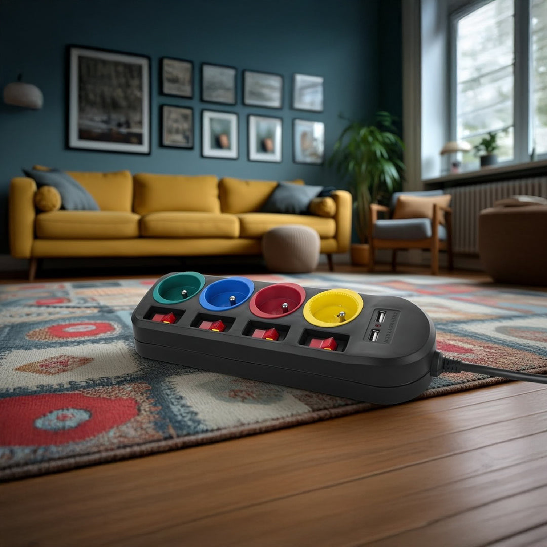 Listwa zasilająca Maclean, przedłużacz 4 gniazda + 2xUSB, z włącznikami, 250VAC/10A, 2.1A 5V, 1.5m, czarna, MCE229 B