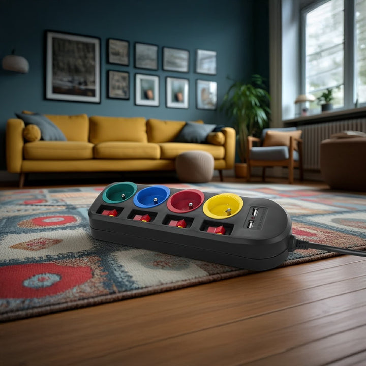 Listwa zasilająca Maclean, przedłużacz 4 gniazda + 2xUSB, z włącznikami, 250VAC/10A, 2.1A 5V, 1.5m, czarna, MCE229 B