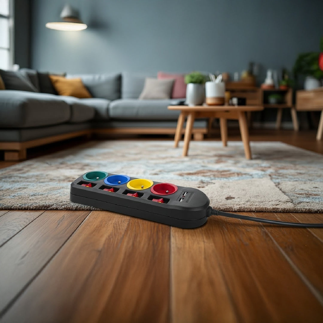 Listwa zasilająca Maclean, przedłużacz 4 gniazda + 2xUSB, z włącznikami, 250VAC/10A, 2.1A 5V, 1.5m, czarna, MCE229 B