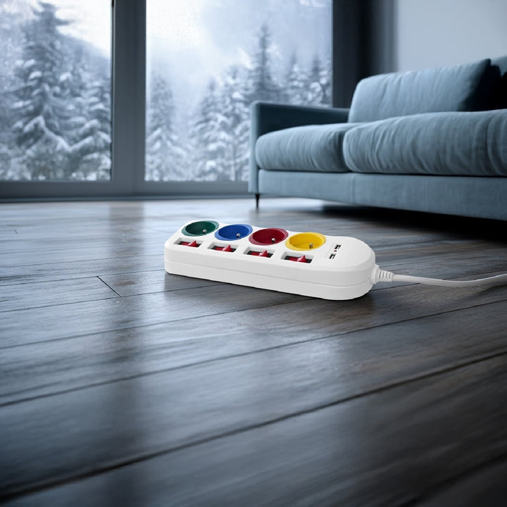 Listwa zasilająca Maclean, przedłużacz 4 gniazda + 2xUSB, z włącznikami, 250VAC/10A, 2.1A 5V, 1.5m, biała, MCE229 W