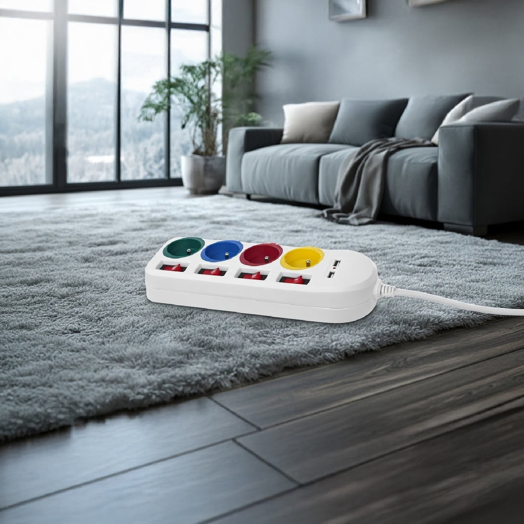 Listwa zasilająca Maclean, przedłużacz 4 gniazda + 2xUSB, z włącznikami, 250VAC/10A, 2.1A 5V, 1.5m, biała, MCE229 W