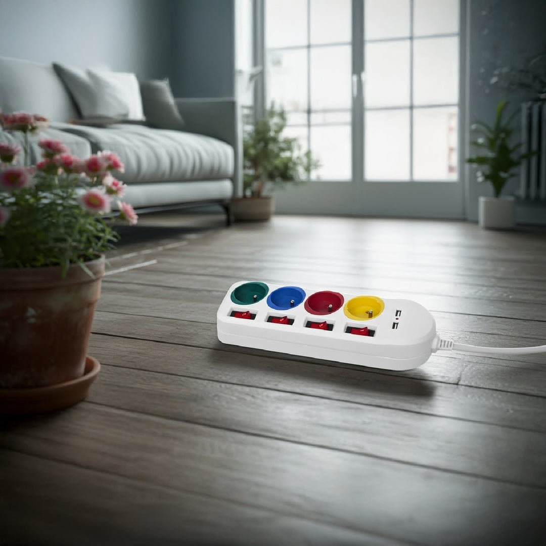 Listwa zasilająca Maclean, przedłużacz 4 gniazda + 2xUSB, z włącznikami, 250VAC/10A, 2.1A 5V, 1.5m, biała, MCE229 W