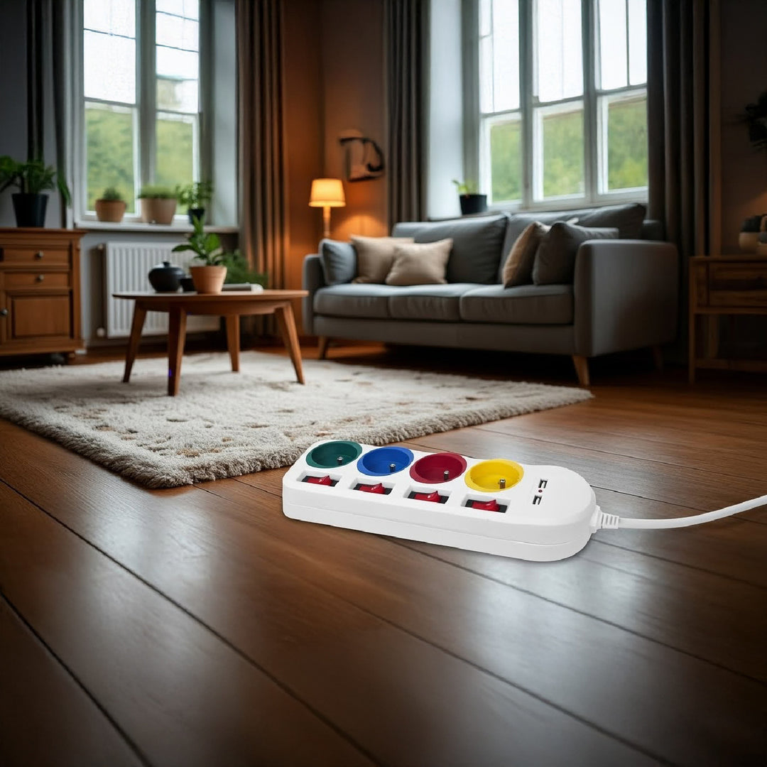 Listwa zasilająca Maclean, przedłużacz 4 gniazda + 2xUSB, z włącznikami, 250VAC/10A, 2.1A 5V, 1.5m, biała, MCE229 W