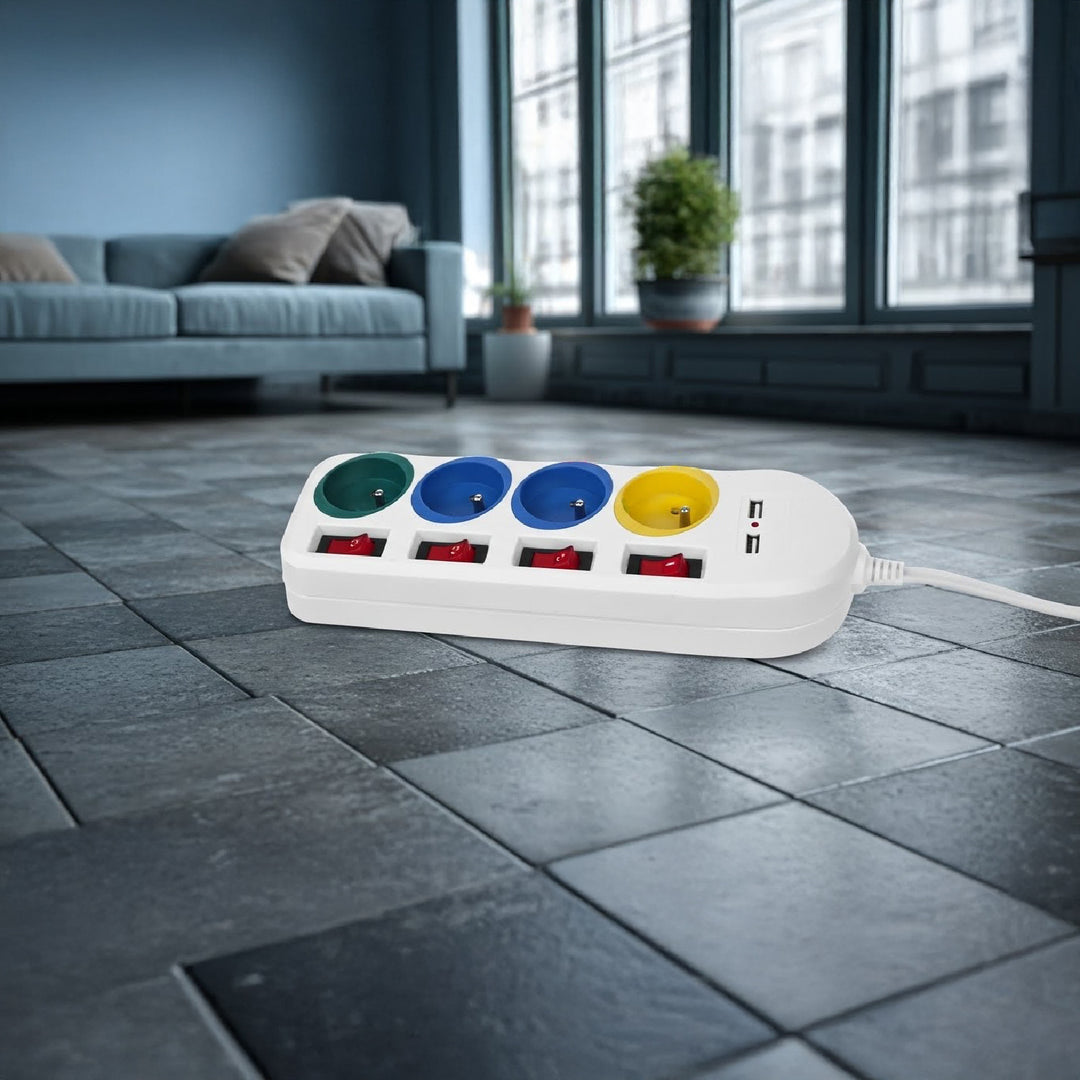 Listwa zasilająca Maclean, przedłużacz 4 gniazda + 2xUSB, z włącznikami, 250VAC/10A, 2.1A 5V, 1.5m, biała, MCE229 W