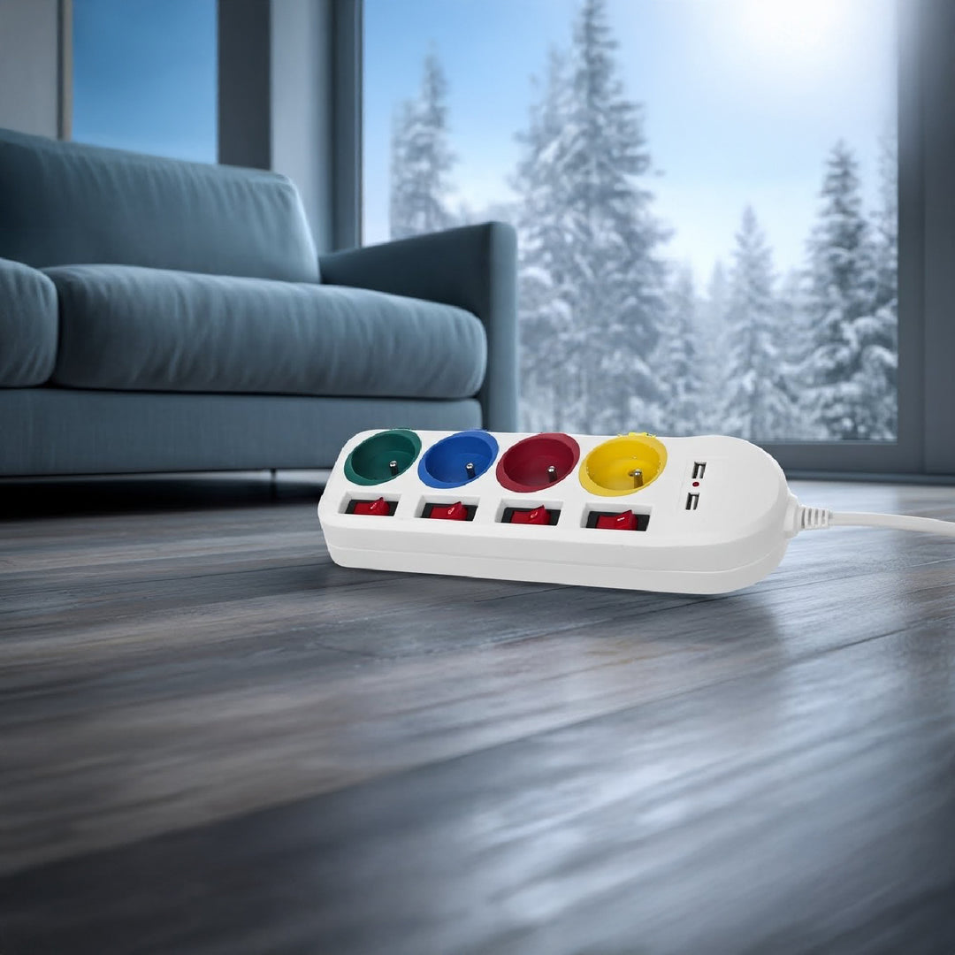 Listwa zasilająca Maclean, przedłużacz 4 gniazda + 2xUSB, z włącznikami, 250VAC/10A, 2.1A 5V, 1.5m, biała, MCE229 W