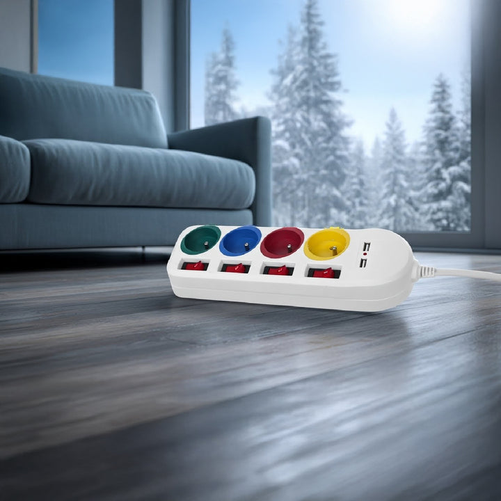 Listwa zasilająca Maclean, przedłużacz 4 gniazda + 2xUSB, z włącznikami, 250VAC/10A, 2.1A 5V, 1.5m, biała, MCE229 W