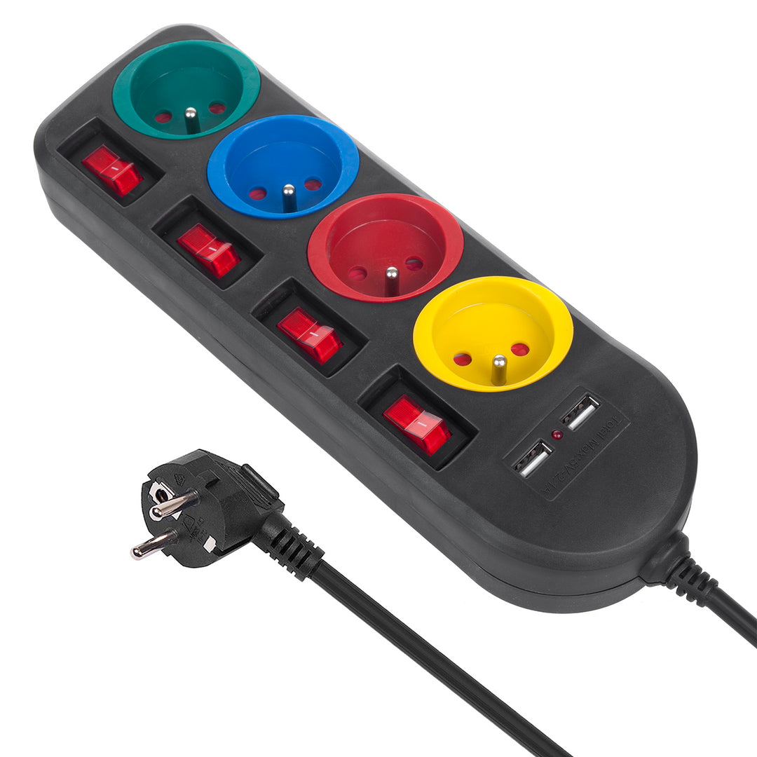 Listwa zasilająca Maclean, przedłużacz 4 gniazda + 2xUSB, z włącznikami, 250VAC/10A, 2.1A 5V, 1.5m, biała, MCE229B + kabel USB MCE471