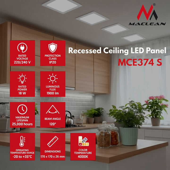 Panel LED sufitowy Maclean, podtynkowy SLIM, 18W, Neutral White 4000K, 170*170*26mm, 1900lm, MCE374 S