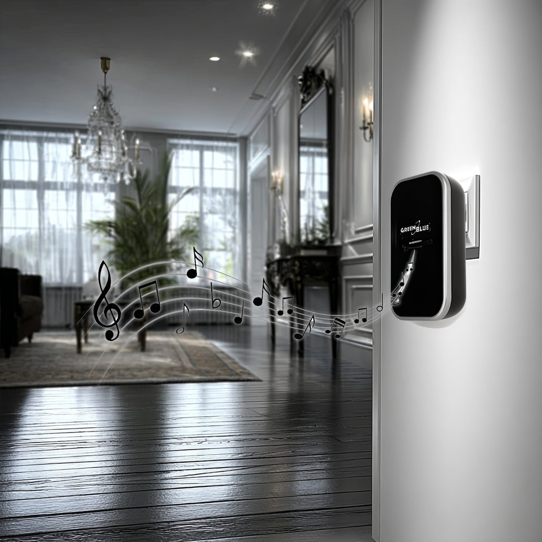 Dzwonek bezprzewodowy bezbateryjny kinetyczny GreenBlue, 38 melodii, czarny, zasięg do 200m, IP44, GB157 B