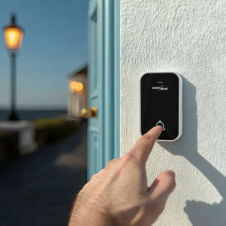 Dzwonek bezprzewodowy bezbateryjny kinetyczny GreenBlue, 38 melodii, czarny, zasięg do 200m, IP44, GB157 B