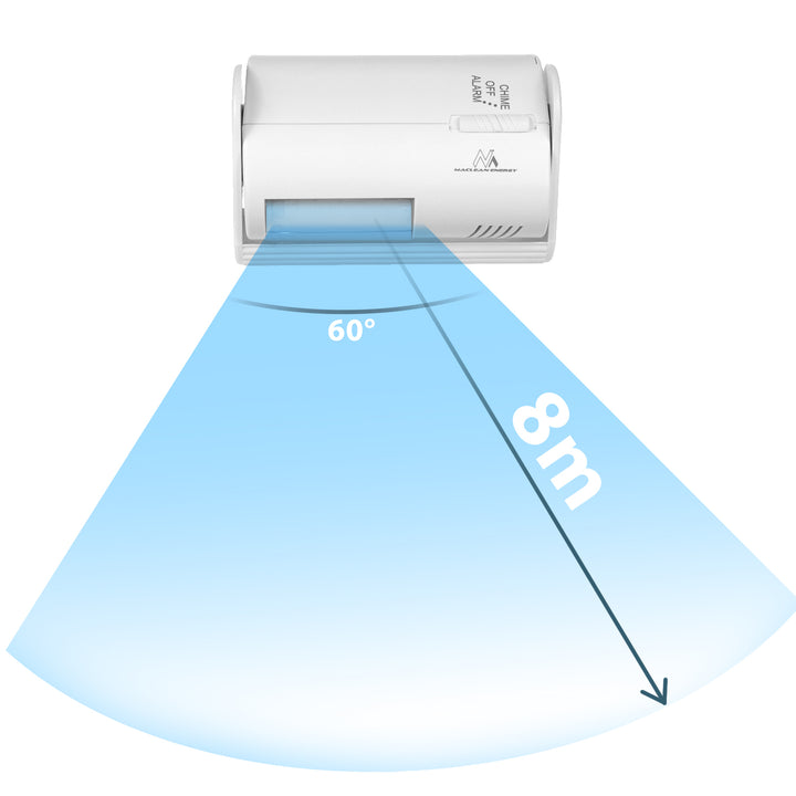 Bezprzewodowy sygnalizator wejścia Maclean, czujnik PIR, zasięg 8m, zasilanie bateria 9V DC, głośność powyżej 70dB, MCE311 W