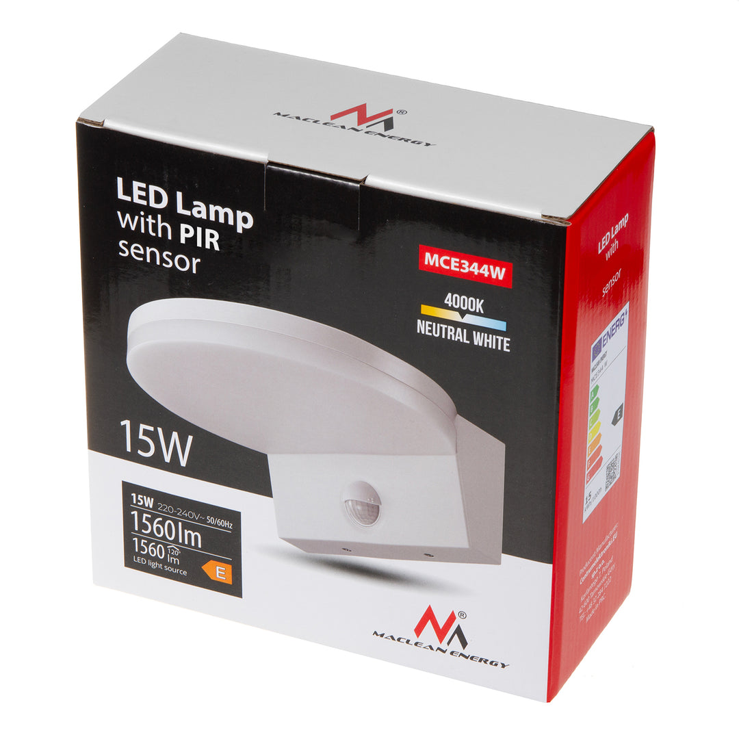 Lampa LED z czujnikiem ruchu Maclean, czujnik ruchu PIR, kolor biały, 15W, IP65, 1560lm, barwa neutralna biała (4000K) MCE344 W