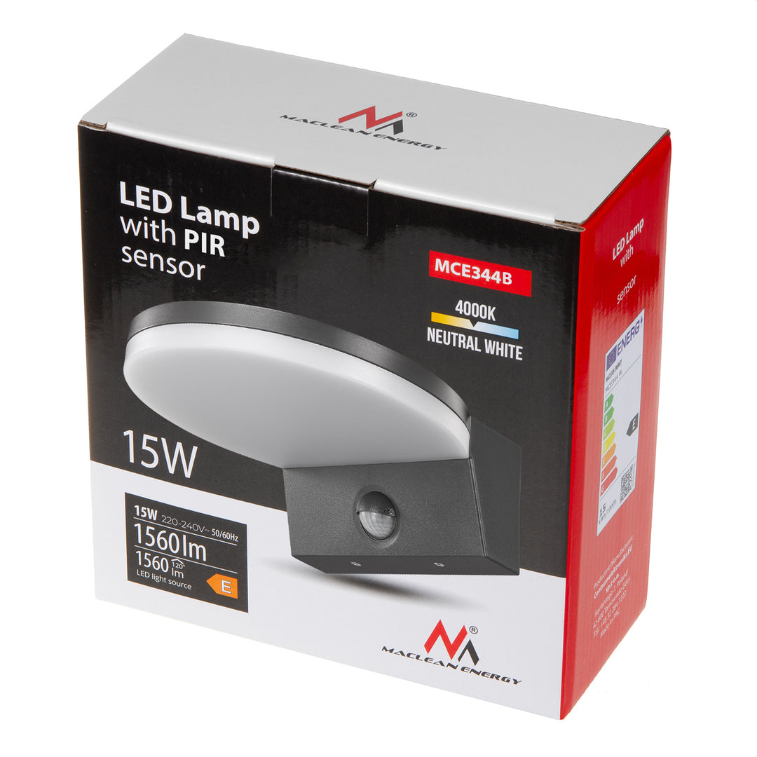 Lampa LED z czujnikiem ruchu Maclean, czujnik ruchu PIR, kolor czarny, 15W, IP65, 1560lm, barwa neutralna biała (4000K) MCE344 B