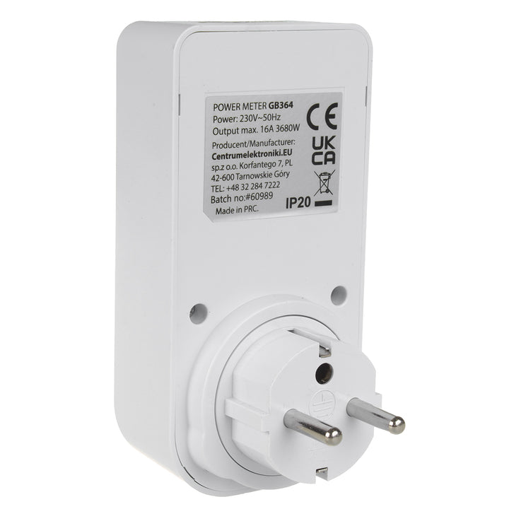 Miernik energii GreenBlue, watomierz, typ E, 220-240V AC, 50Hz, max. obciążenie 16A, IP20, wbudowana bateria, GB364 E