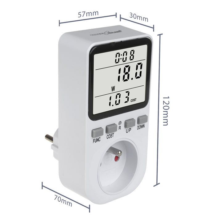 Miernik energii GreenBlue, watomierz, typ E, 220-240V AC, 50Hz, max. obciążenie 16A, IP20, wbudowana bateria, GB364 E
