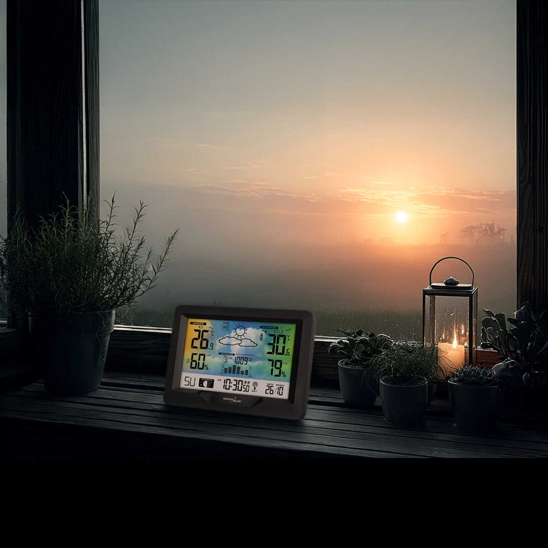 Stacja pogodowa bezprzewodowa GreenBlue, kolorowa, z systemem DCF, fazy księżyca, barometr, kalendarz, zasilacz, GB540N