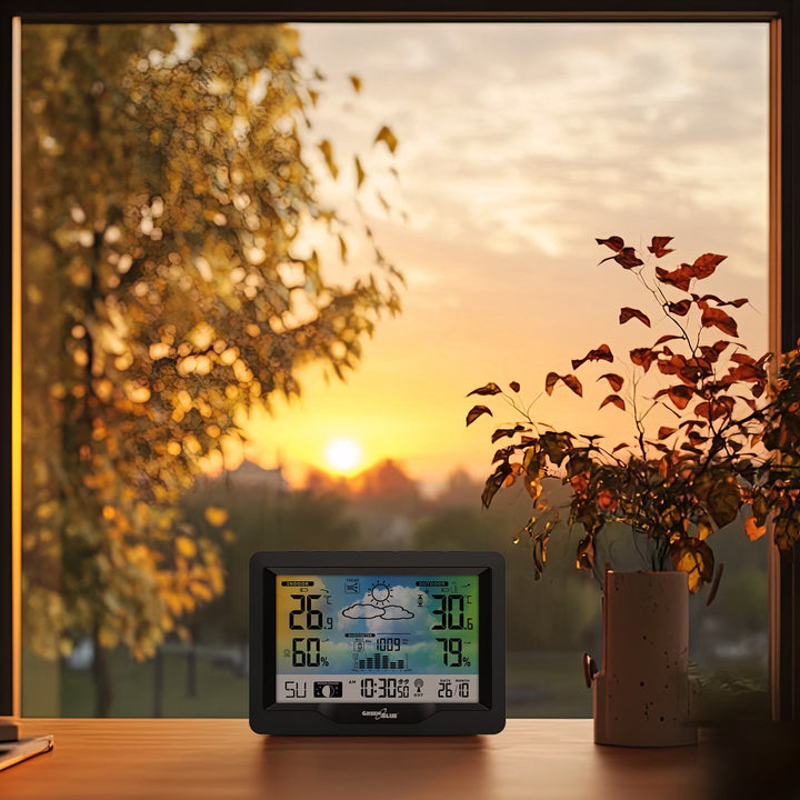 Stacja pogodowa bezprzewodowa GreenBlue, kolorowa, z systemem DCF, fazy księżyca, barometr, kalendarz, zasilacz, GB540N