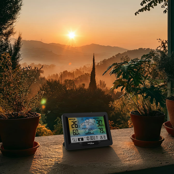 Stacja pogodowa bezprzewodowa GreenBlue, kolorowa, z systemem DCF, fazy księżyca, barometr, kalendarz, zasilacz, GB540N