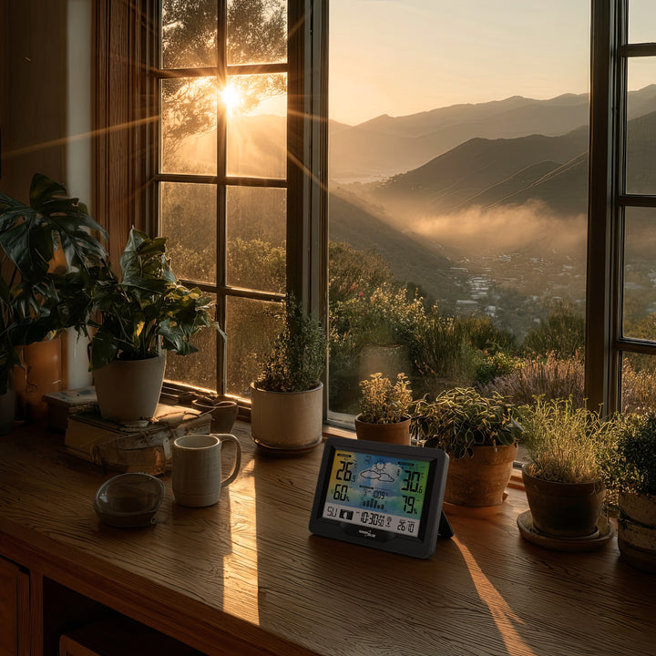 Stacja pogodowa bezprzewodowa GreenBlue, kolorowa, z systemem DCF, fazy księżyca, barometr, kalendarz, zasilacz, GB540N