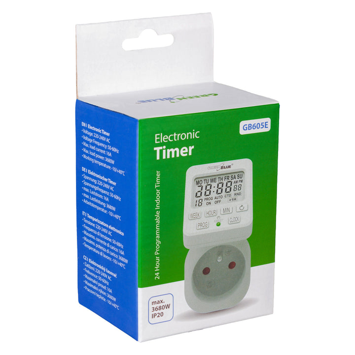 Włącznik czasowy - timer cyfrowy GreenBlue, max. obciążenie 16A, IP20, GB605 E