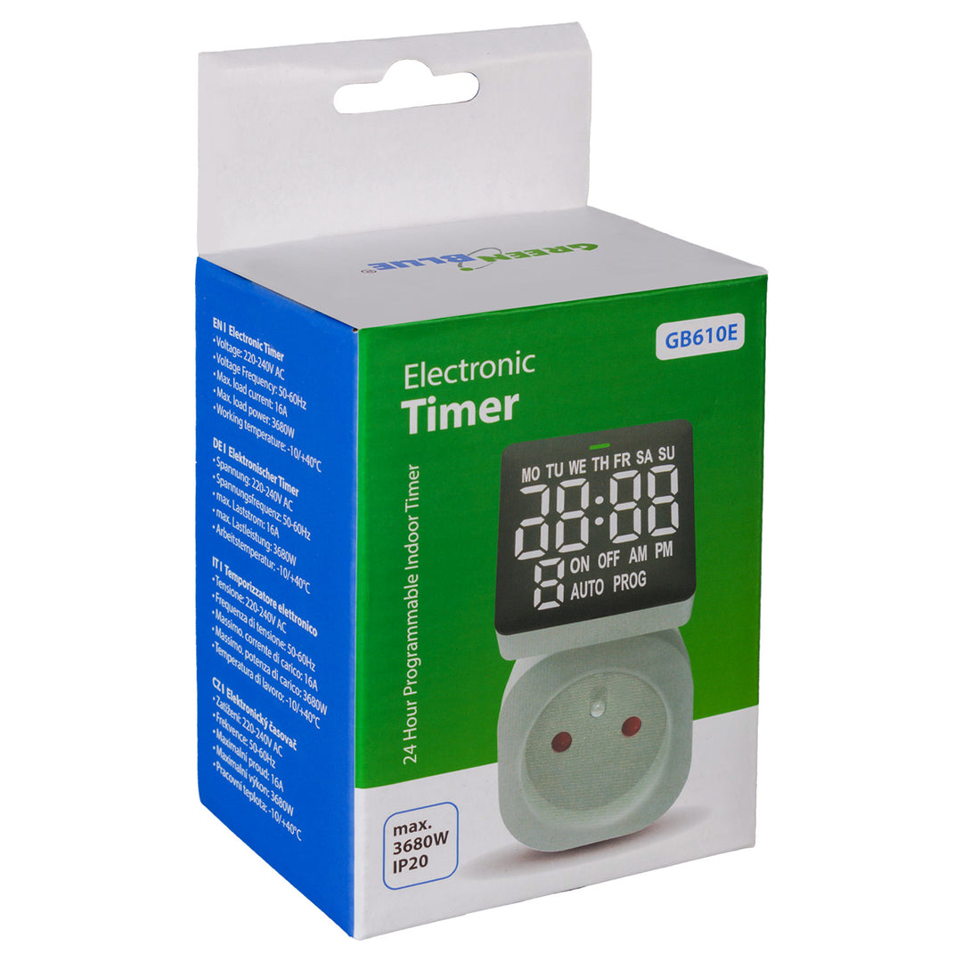 Włącznik czasowy - timer cyfrowy GreenBlue, max. obciążenie 16A, IP20, GB610 E