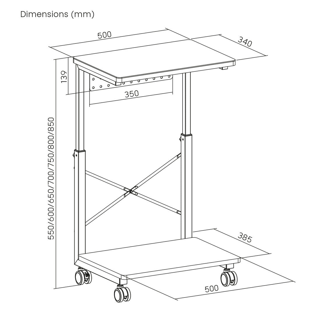 Podstawka wózek na kółkach pod komputer CPU z półką NanoRS, 80kg max, regulowana wysokość 550~850mm, RS430