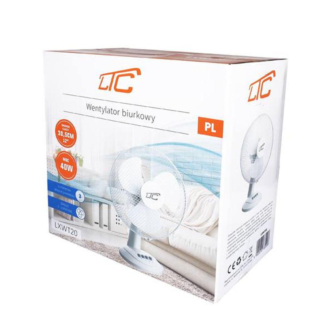 Wentylator LTC, biurkowy, z oscylacją, regulacja kąta, 38W, biały, LXWT20