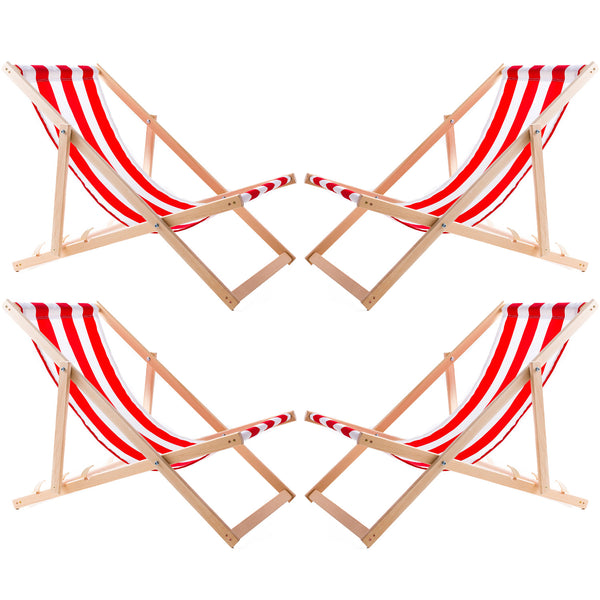 4 komfortowe leżaki z drewna, czerwone pasy, idealne na plażę, balkon, taras, zmontowane