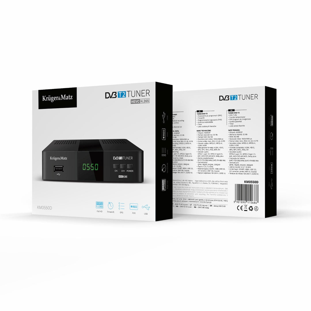 Tuner dekoder DVB-T2 KM0550D H.265 HEVC EPG PVR Timeshift Kruger&Matz