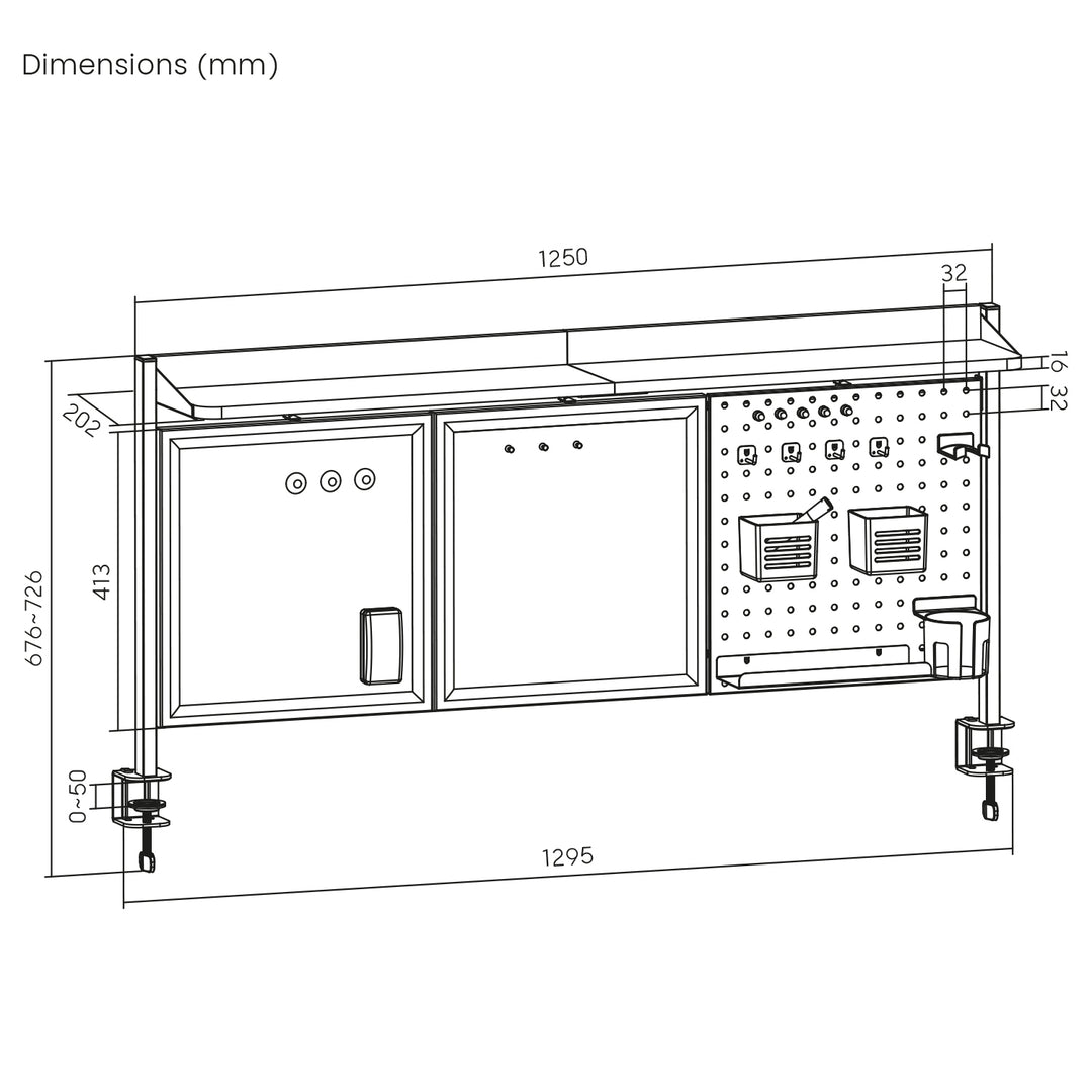 Przegroda biurkowa / organizer Ergo Office, max. obciążenie 10kg, biała i korkowa tablica, szerokość 1250mm, czarna,ER-300 B