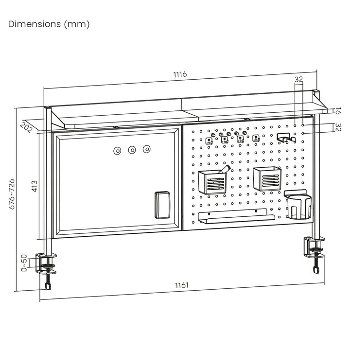 Przegroda biurkowa / organizer Ergo Office, max. obciążenie 10kg, biała tablica, szerokość 1116mm, czarna, ER-301 B